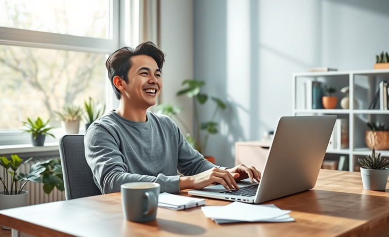 A person happily receiving approval for a loan online