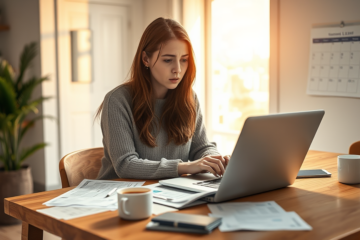 Illustration of a person making an online request for extra funds to manage bills and unforeseen expenses.