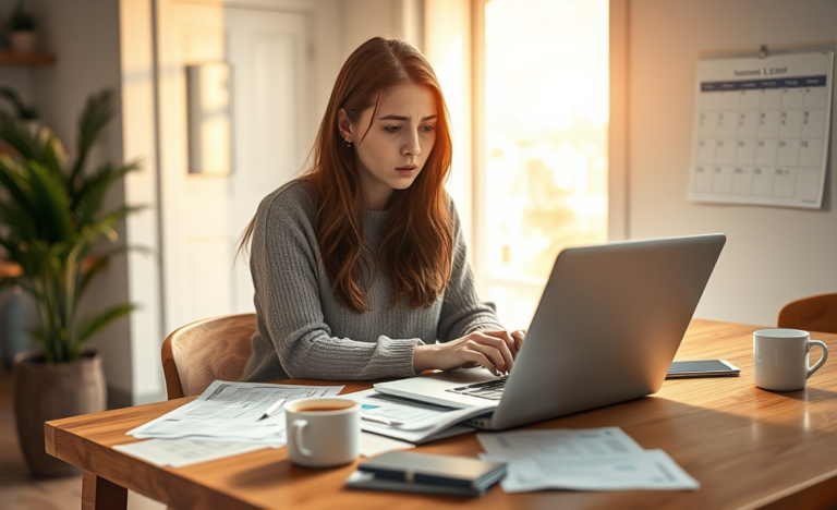 Illustration of a person making an online request for extra funds to manage bills and unforeseen expenses.
