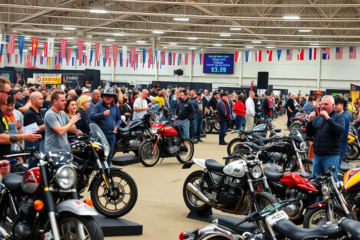 A collection of motorcycles available at an auction, showcasing a variety of styles and conditions.
