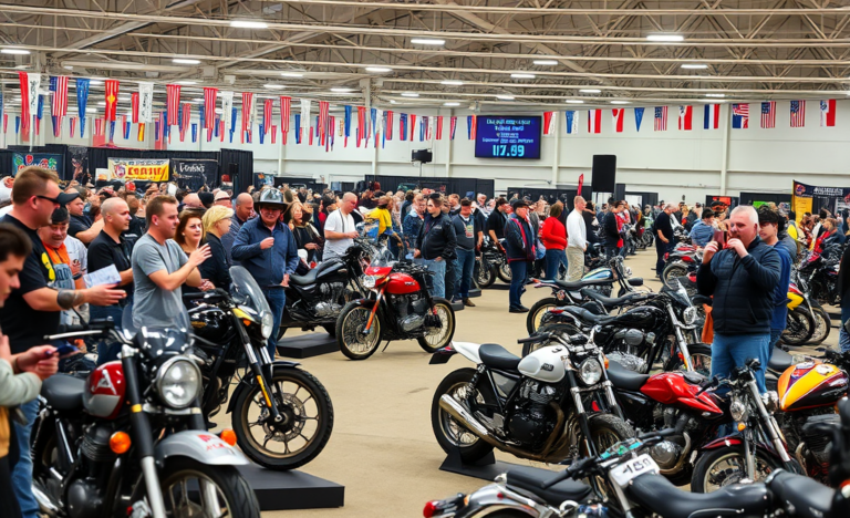 A collection of motorcycles available at an auction, showcasing a variety of styles and conditions.