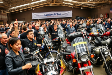 Imagem de um leilão de motos, mostrando diversas motocicletas em oferta.