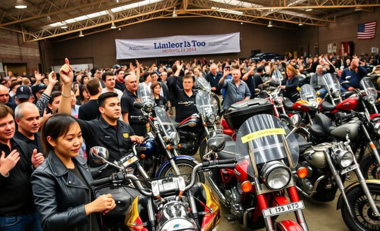 Imagem de um leilão de motos, mostrando diversas motocicletas em oferta.