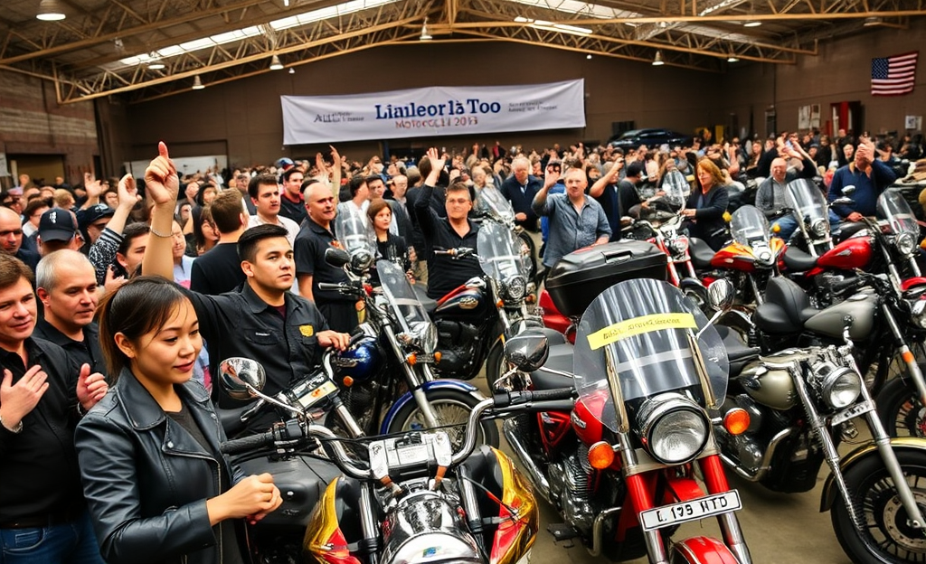 Imagem de um leilão de motos, mostrando diversas motocicletas em oferta.