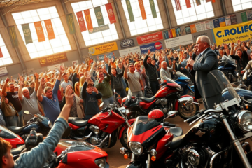 Leilão de motocicletas nos EUA, mostrando diversas motos disponíveis para licitação