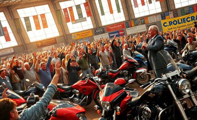 Leilão de motocicletas nos EUA, mostrando diversas motos disponíveis para licitação