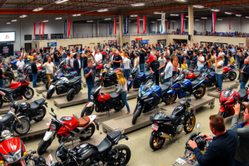Leilão de motos nos EUA, mostrando variadas opções de motocicletas disponíveis.