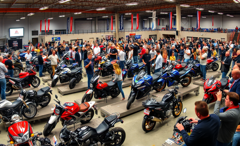 Leilão de motos nos EUA, mostrando variadas opções de motocicletas disponíveis.