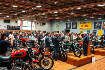 Imagem de um leilão de motocicletas com diversas motos em exibição.