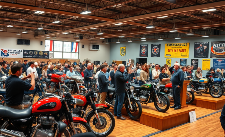 Imagem de um leilão de motocicletas com diversas motos em exibição.