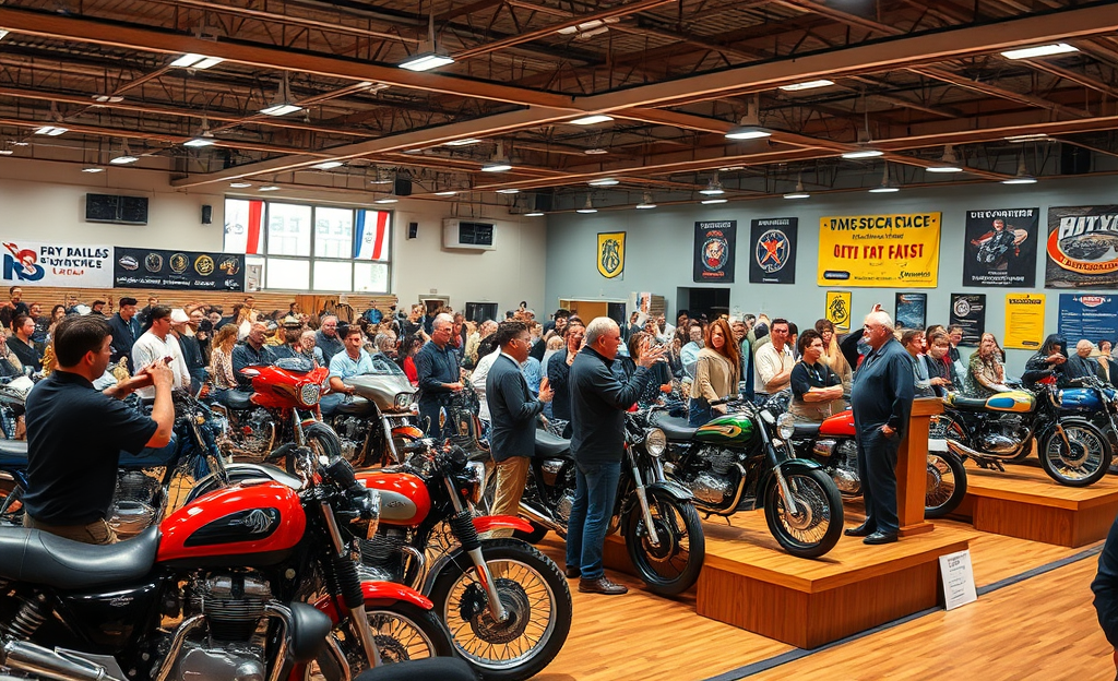 Imagem de um leilão de motocicletas com diversas motos em exibição.