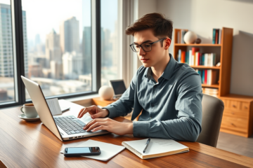 Profissional freelancer em escritório moderno nos EUA aplicando para crédito com laptop, mesas organizada e vista urbana ao fundo