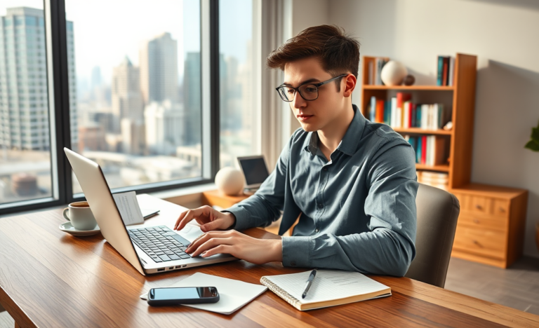 Profissional freelancer em escritório moderno nos EUA aplicando para crédito com laptop, mesas organizada e vista urbana ao fundo