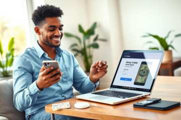 Jovem confiante usando smartphone em casa para adiantamento de salário nos EUA com laptop e dinheiro ao lado