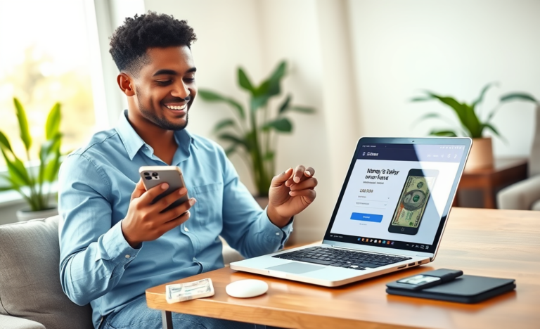 Jovem confiante usando smartphone em casa para adiantamento de salário nos EUA com laptop e dinheiro ao lado