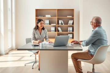 Consulta de crédito pessoal simples em ambiente moderno, com profissional orientando cliente em escritório bem iluminado
