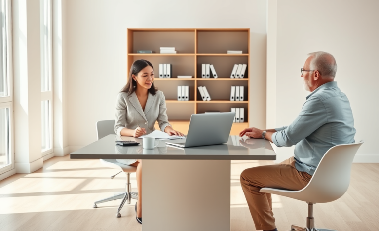 Consulta de crédito pessoal simples em ambiente moderno, com profissional orientando cliente em escritório bem iluminado