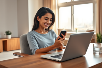 Jovem usando smartphone para solicitar crédito rápido online em poucos minutos em ambiente doméstico moderno