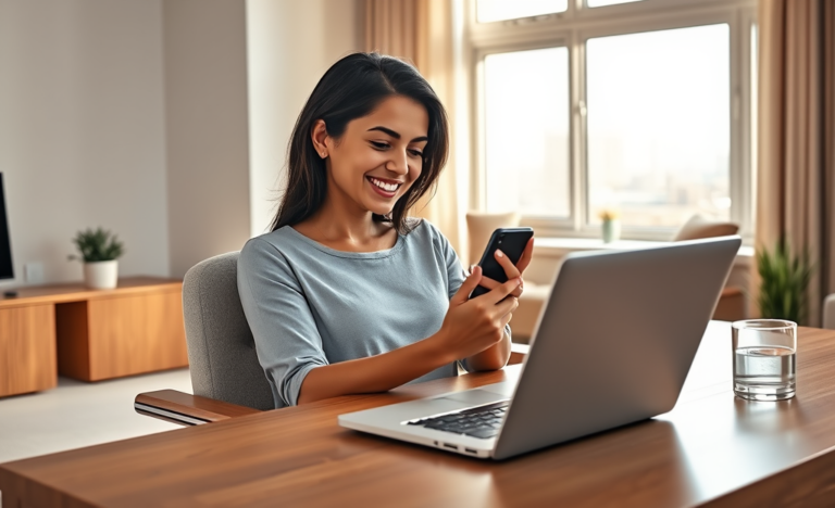 Jovem usando smartphone para solicitar crédito rápido online em poucos minutos em ambiente doméstico moderno