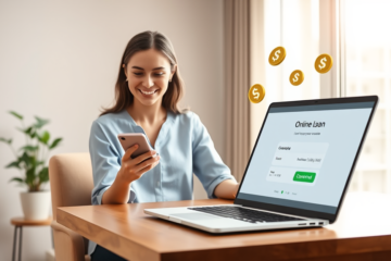 Mulher sorridente em ambiente moderno conferindo empréstimo online rápido no celular com luz natural e computador ao fundo