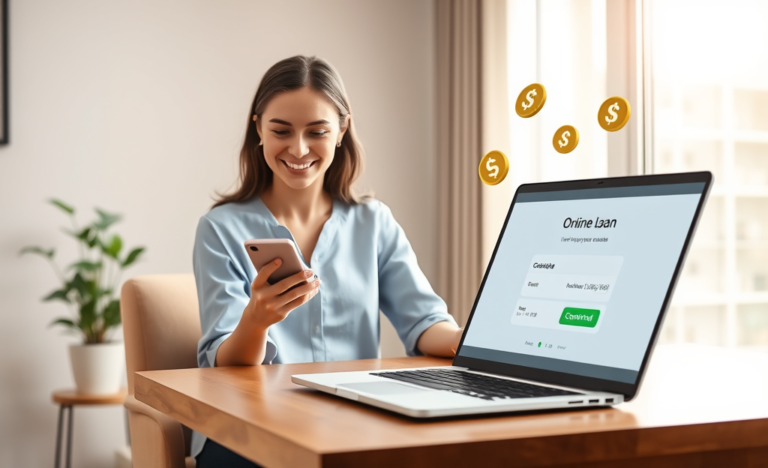 Mulher sorridente em ambiente moderno conferindo empréstimo online rápido no celular com luz natural e computador ao fundo