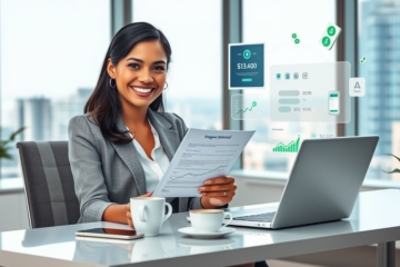 Mulher jovem em escritório moderno recebe aprovação de crédito sem histórico bancário, mostrando smartphone e carta de crédito com sorriso confiante
