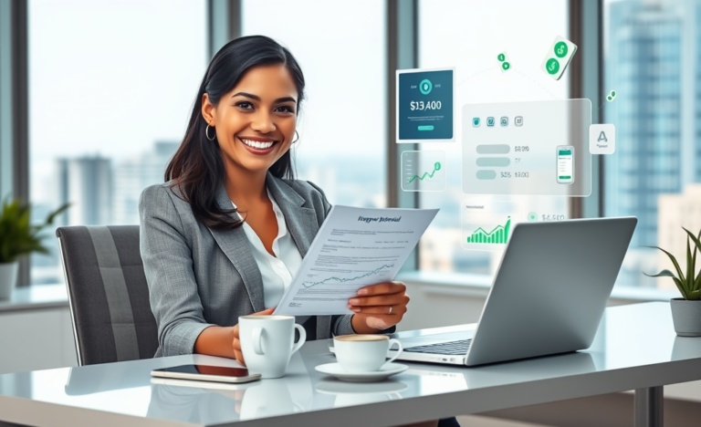 Mulher jovem em escritório moderno recebe aprovação de crédito sem histórico bancário, mostrando smartphone e carta de crédito com sorriso confiante