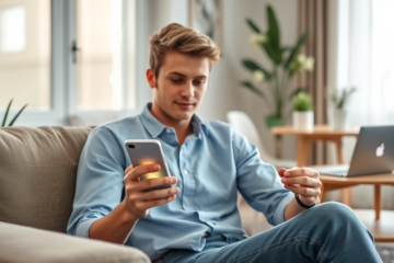 Pessoa jovem usando celular em sala moderna para solicitar empréstimo rápido nos EUA com ambiente claro e confortável