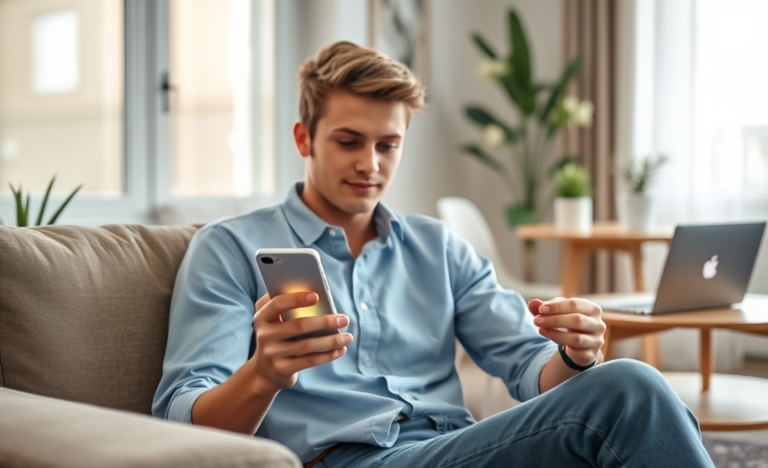 Pessoa jovem usando celular em sala moderna para solicitar empréstimo rápido nos EUA com ambiente claro e confortável