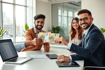 Clientes felizes recebendo empréstimo dinheiro liberado no mesmo dia em banco moderno com aprovação rápida e ambiente iluminado