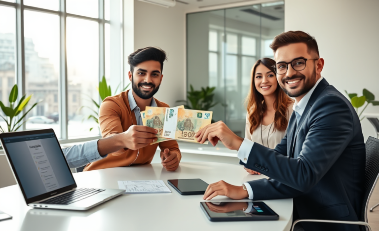 Clientes felizes recebendo empréstimo dinheiro liberado no mesmo dia em banco moderno com aprovação rápida e ambiente iluminado