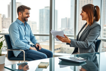 Consulta amigável entre cliente e agente financeiro em escritório moderno sobre empréstimo rápido para dinheiro imediato