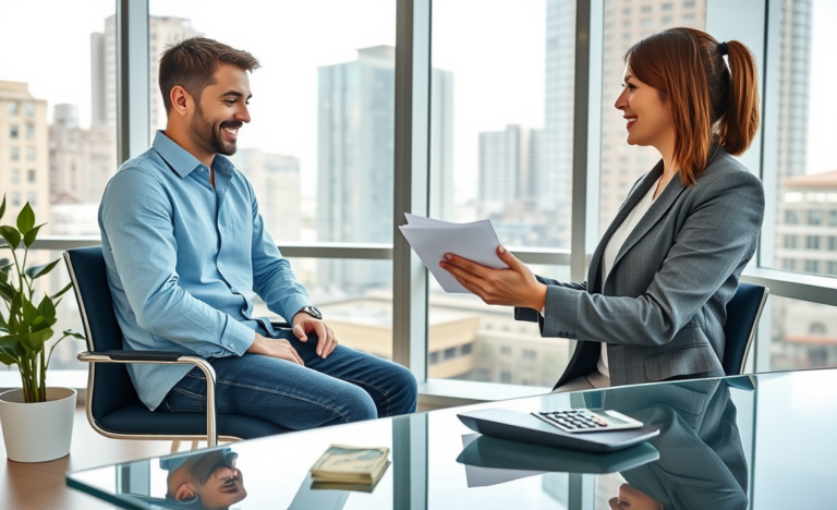 Consulta amigável entre cliente e agente financeiro em escritório moderno sobre empréstimo rápido para dinheiro imediato