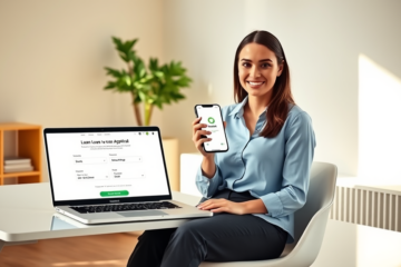 Mulher profissional em home office usando smartphone e laptop para contratar empréstimo simples e sem burocracia rapidamente