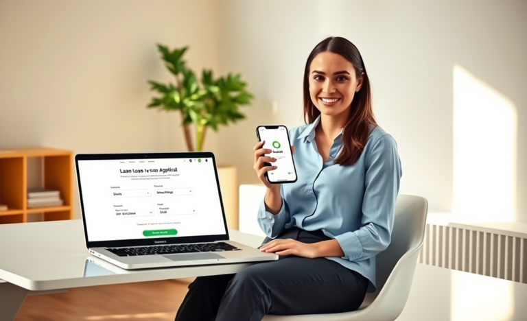 Mulher profissional em home office usando smartphone e laptop para contratar empréstimo simples e sem burocracia rapidamente