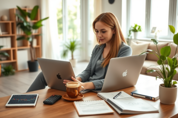 Mulher trabalhando em home office iluminado naturalmente, usando laptop e dispositivos digitais para ganhar dinheiro online em casa