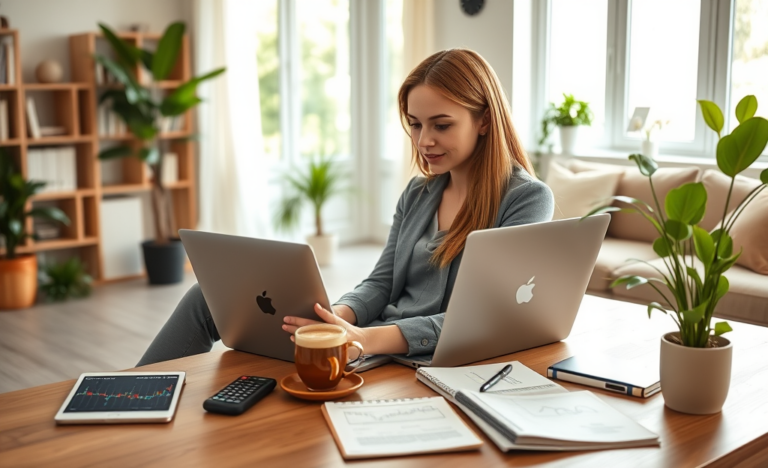 Mulher trabalhando em home office iluminado naturalmente, usando laptop e dispositivos digitais para ganhar dinheiro online em casa