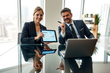 Profissionais em escritório moderno aprovando rapidamente contrato eletrônico em tablet com ambiente corporativo iluminado e foco na agilidade financeira