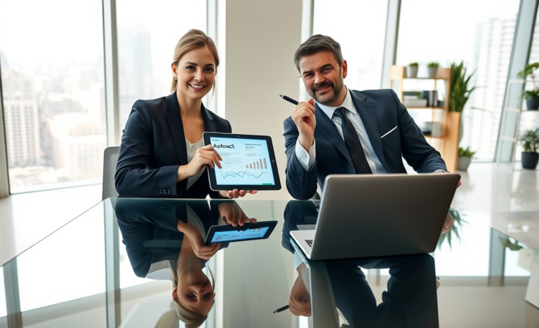 Profissionais em escritório moderno aprovando rapidamente contrato eletrônico em tablet com ambiente corporativo iluminado e foco na agilidade financeira