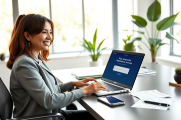 Mulher profissional confiante em escritório moderno usando laptop para solicitar crédito online com aprovação rápida