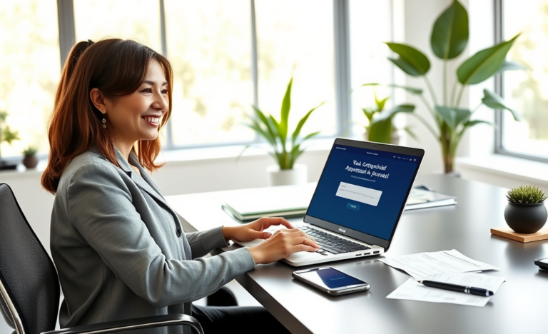 Mulher profissional confiante em escritório moderno usando laptop para solicitar crédito online com aprovação rápida