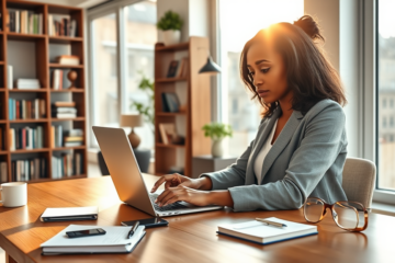 Mulher usando laptop em escritório moderno para solicitar empréstimo online nos Estados Unidos, ambiente iluminado e profissional