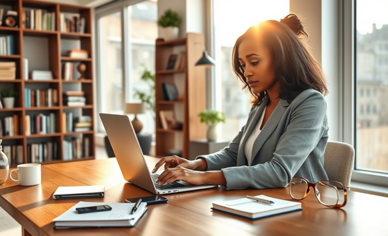 Mulher usando laptop em escritório moderno para solicitar empréstimo online nos Estados Unidos, ambiente iluminado e profissional