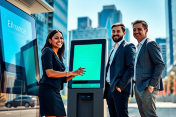 Diverse people using outdoor digital kiosk in modern US city accessing rápido e seguro opções de crédito digital