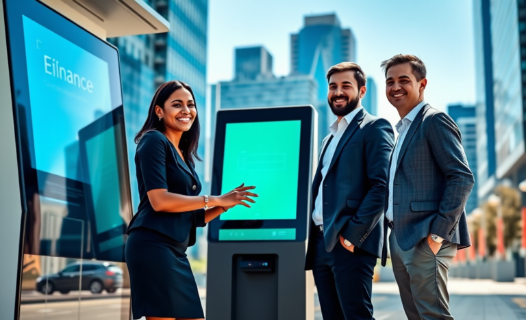 Diverse people using outdoor digital kiosk in modern US city accessing rápido e seguro opções de crédito digital