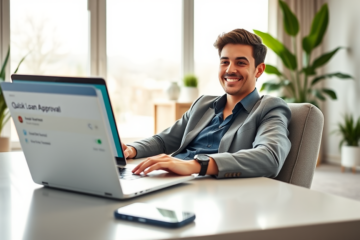Pessoa em escritório moderno nos EUA usando laptop para empréstimo online com aprovação imediata em ambiente claro e confortável