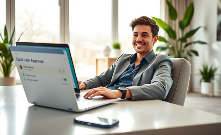 Pessoa em escritório moderno nos EUA usando laptop para empréstimo online com aprovação imediata em ambiente claro e confortável