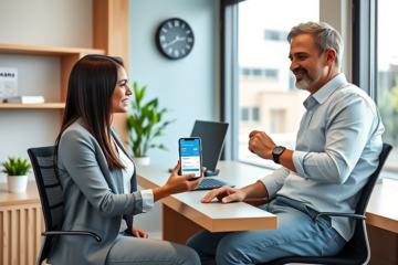 Atendimento financeiro ágil com profissional e cliente em escritório moderno, destacando crédito rápido hoje para sua necessidade