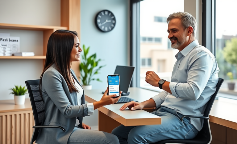 Atendimento financeiro ágil com profissional e cliente em escritório moderno, destacando crédito rápido hoje para sua necessidade
