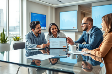 Clientes discutindo opções e vantagens de empréstimo Citibank USA com consultor financeiro em banco moderno e iluminado